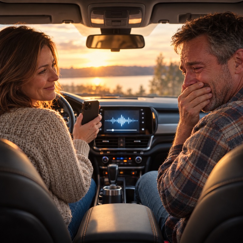 A man in the passenger seat of a car covers his mouth, in tears, while his wife films him hearing a song written about him
